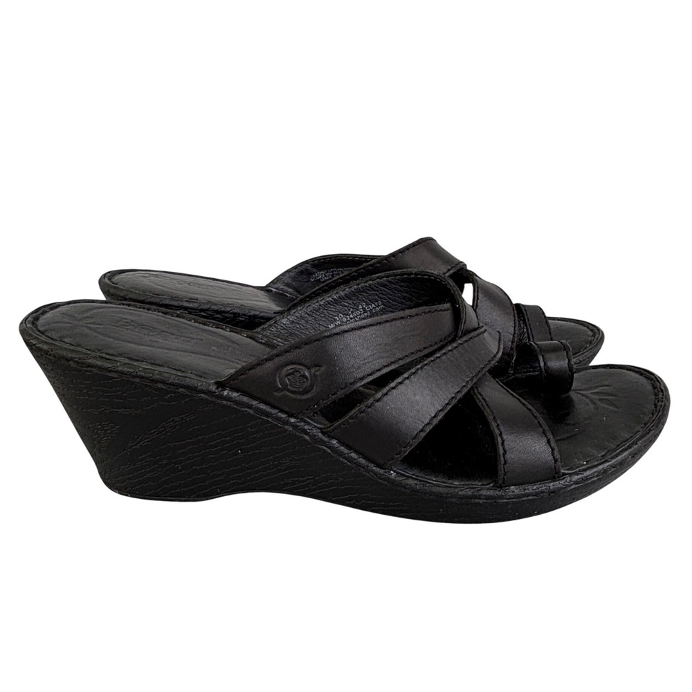 Born Black Leather Wedge Sandals Strappy Toe Loop Slides B34603 Womens 10